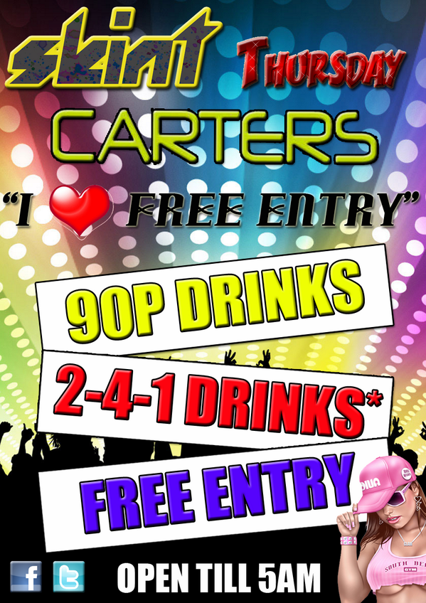 cartersbar1's tweet photo. 90p Drinks are BACK !!!! SKINT THURSDAY.... FREE ENTRY... 2-4-1 DRINKS* http://t.co/7mXOBs21jU