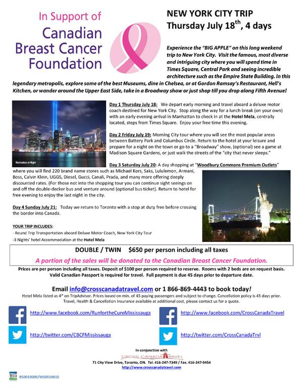 CrossCanadaTrvl's tweet photo. New York City 4 day trip - July 18th Supporting the #CanadianBreastCancerFoundation  Great Trip for a Great Cause! http://t.co/bW9Zhy0pu1