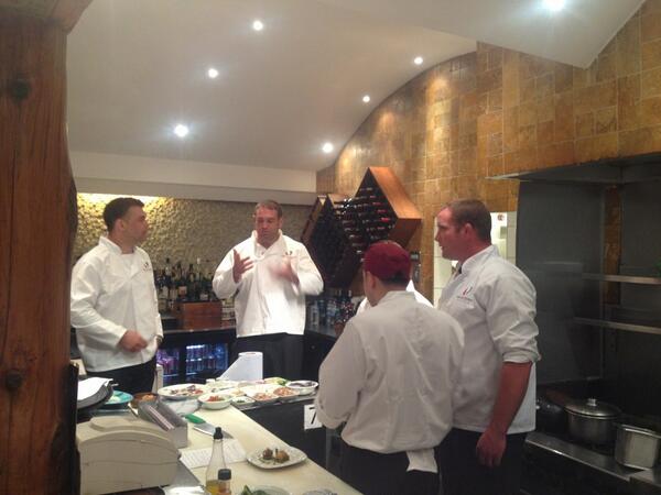 charityspoon's tweet photo. Tonights chefs @nick_easter @OllyKohn1 @Phil_Vickery @Mearsy02 already in the kitchen practicing #ScrumDineWithMe http://t.co/2mph8vEjkt