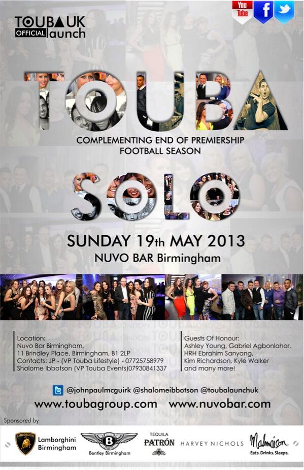 ToubaLaunchUK's tweet photo. @johnpaulmcguirk @ToubaLaunchUK @ToubaEvent SOLO End Of Premiership Football Season Party @Nuvo_ 19/05/13 #ToubaLife http://t.co/Rr66nwOsUI