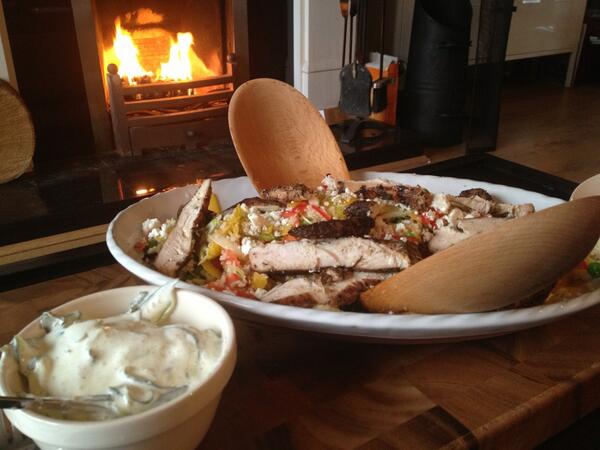Rioghnat's tweet photo. @jamieoliver enjoying fab Greek summer salad in front of the fire!!! #rain http://t.co/2e2uIul9sG
