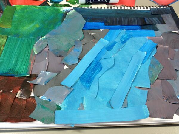 MirzaMary's tweet photo. Eric Carle inspired stencilling- supposed to be a waterfall in a forest #visarts13 http://t.co/C789gcTP99