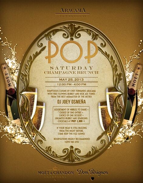 Aracama_Manila's tweet photo. POP Champagne brunch! Be part of the buzz this 25th of May 12nn. Unlimited Bubbly anyone? 09178612792 for bookings :) http://t.co/dk0Tkaz9sg