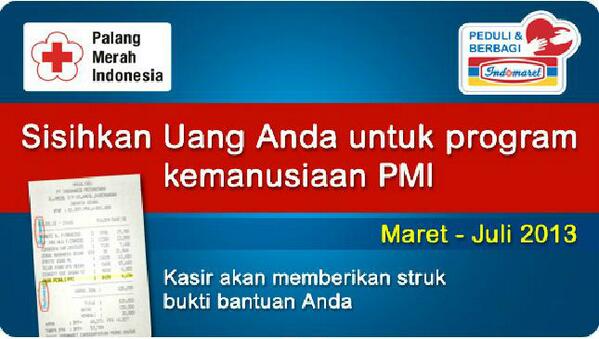 1. Indomaret bekerja sama dengan PMI <a href="/palangmerah/">Indonesian Red Cross</a> dalam PROGRAM PEDULI Kemanusiaan PMI #DonasiIndomaretPMIPeduli