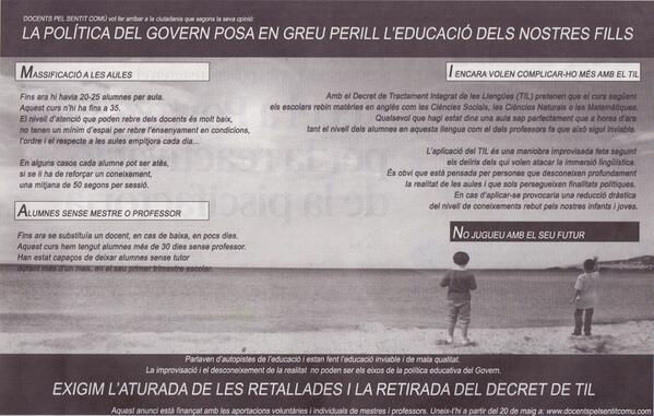 Anunci a la premsa pagat per mestres i professors. Vull contribuir a difondre'l.