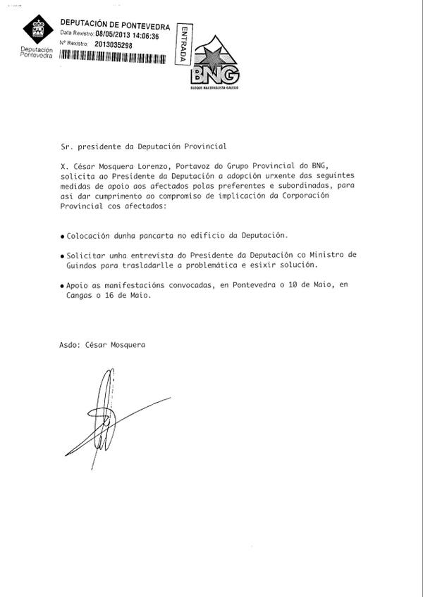 BNG_DePo's tweet photo. O Grupo Provincial do @obloque solicitóulle ao Presidente da @depo_es a adopción de medidas urxentes. #Preferentes http://t.co/joqfPGkbuW