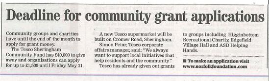Community grants still available. For more information and to apply go to norfolkfoundation.com/TESCO-Sheringh…