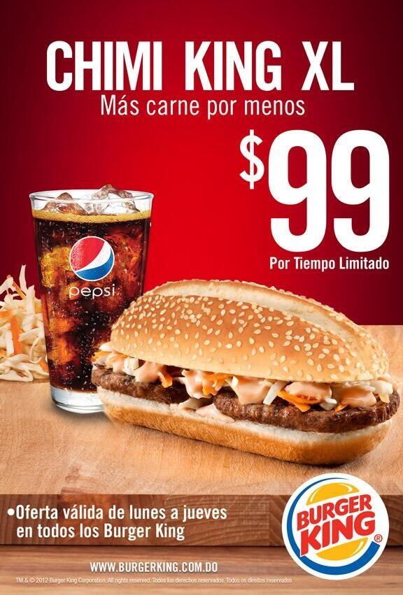 MegacentroRD's tweet photo. Ven a @BurgerKingRD y disfruta del CHIMI KING XL  por solo $99. ¡Más carne por menos! ¿Qué esperas? http://t.co/5ZzeqBCbtG