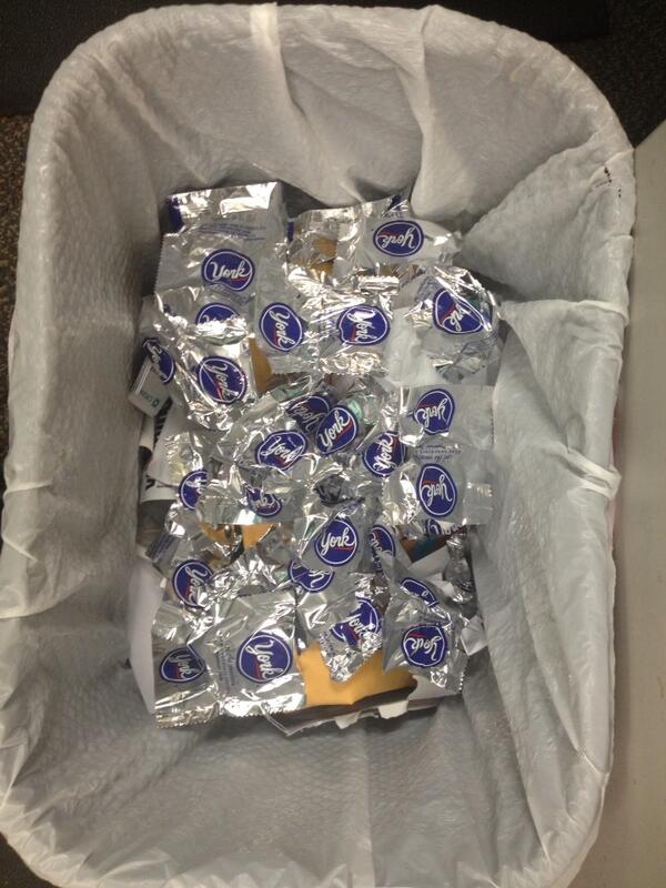 Kreumann's tweet photo. This is what happens when @colleenmcgoo gets a hold of my York Peppermint Patties #fatkidproblems http://t.co/yJ8PTIokXX
