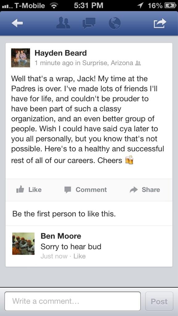 ABDSource's tweet image. Source for @AustBaseballD's post on Hayden Beard release RT @yepimhayden: Message for all involved with the @Padres