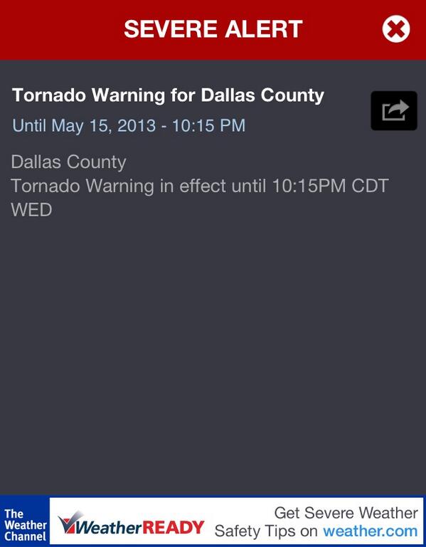 Tornado Warning for Dallas County. Things are a bit dicey in the Big D right now. Hoping for a safe night. #weather
