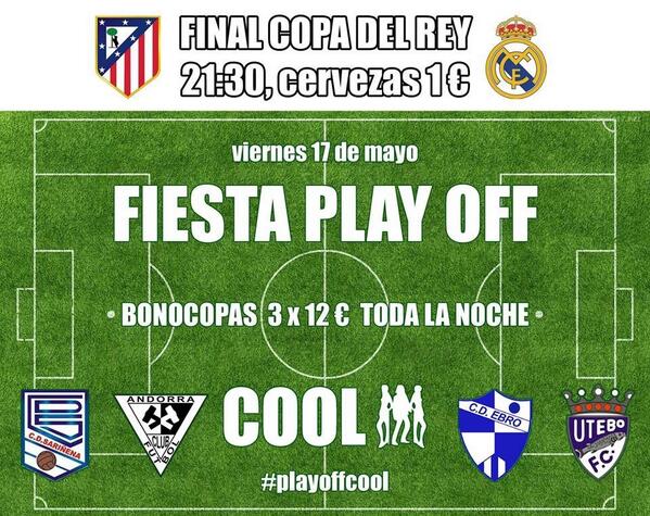 CoolSpareRoom's tweet photo. Fiesta Play-Off esta noche en COOL. Empezamos a las 21.30 con la final de la copa del Rey! http://t.co/G2yQ9I0Fe9