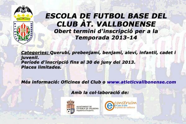 AtVallbonensecf's tweet photo. ABIERTA INSCRIPCIÓN ESCUELA DE FUTBOL DEL CLUB AT. VALLBONENSE TEMPORADA 2012-2013. 
http://t.co/GgOPsWeM4q http://t.co/vtOQRreGB1