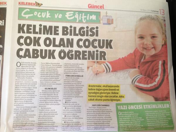 Kelime Bilgisi Çok Olan Çocuk Çabuk Öğrenir...Okul Öncesi Eğitim Koordinatörümüz <a href="/FKaramut/">fulya karamut</a>'un <a href="/Hurriyet/">Hürriyet.com.tr</a> yazısı..