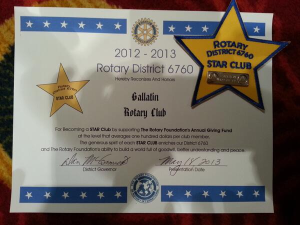GallatinRotary's tweet photo. #gallatinrotary achieves Star Club status for 2012-2013 #dc6760 #rotary http://t.co/C0pnFWfZK9