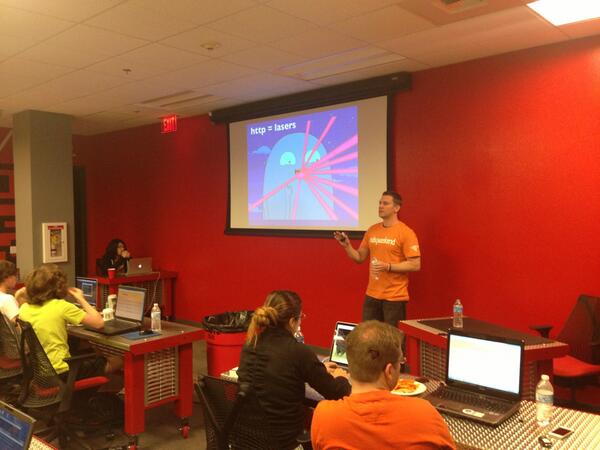 RubyWeekend's tweet image. .@fredguest kicking off part 2 of day 1. "http = lasers", "crazy old database guy" and a "science cat" &amp;lt;3 #VegasTech