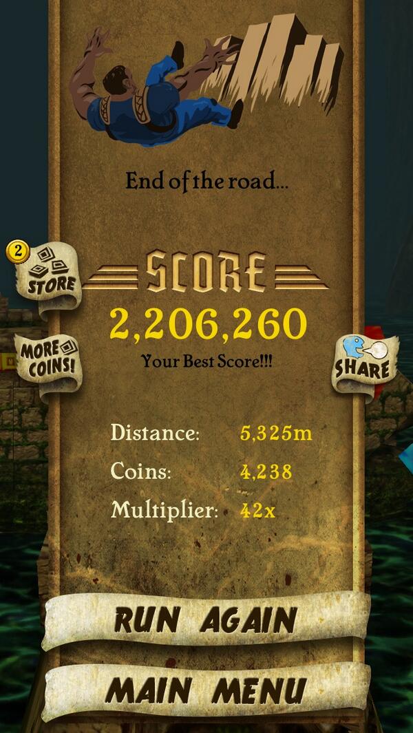RealSNS's tweet image. I got 2,206,260 points while escaping from demon monkeys. Beat that! bit.ly/TempleRunGame #TempleRun