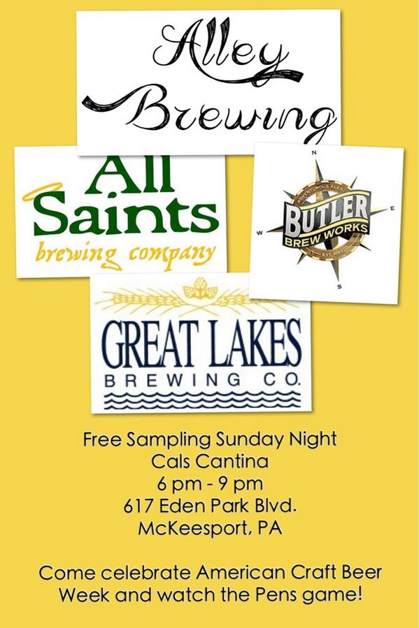 AlleyBrewing's tweet photo. Free Craft Beer Sampling 6-9 SUN. @Cals_Cantina w/ @AlleyBrewing @ButlerBrewWorks @AllSaintsCraft @GLBC_Cleveland http://t.co/JbPDI7g5Kq