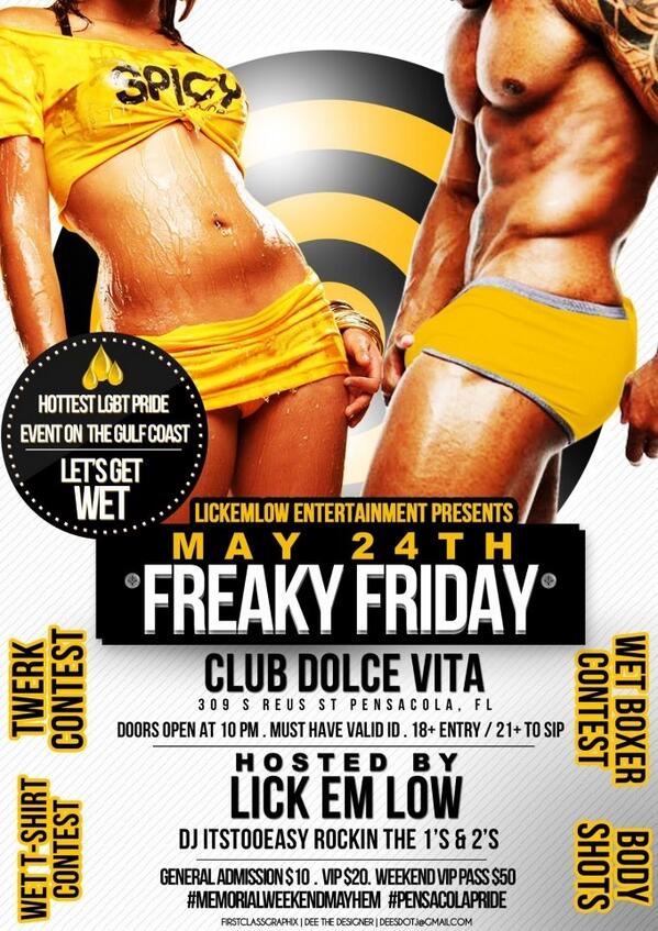 LickemLowENT's tweet photo. FREAKYFRIDAY - LESS CLOTHES THE BETTER #MemorialWeekendMayhem #PENSACOLAPRIDE #LESBIAN #GAY #TEAMLESBIAN #BISEXUAL http://t.co/uBx8DzehqQ