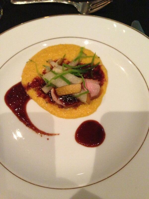 ChefLaura's tweet image. Cherrywood smoked duck, chive polenta with mascarpone, cherry Pepsi glaze, Asian pear and snow pea salad