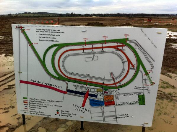 RacingVictoria's tweet photo. New Pakenham Synthetic track will be 2000m in circumference with all distance ranges. Includes 1400m &amp; 1600m chutes. http://t.co/g6nU4IOK6s