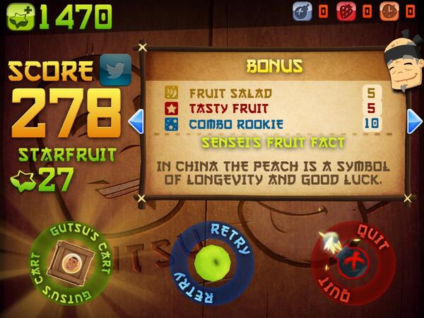 I scored 278 points in Fruit Ninja HD's Arcade Mode for iPad! bit.ly/NmGnv3