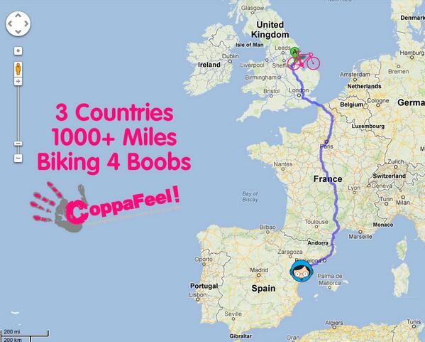 biking4boobs's tweet photo. Is it a tough enough challenge for two rookie riders, Google maps makes it look easy ;S http://t.co/P1CUDeod8q