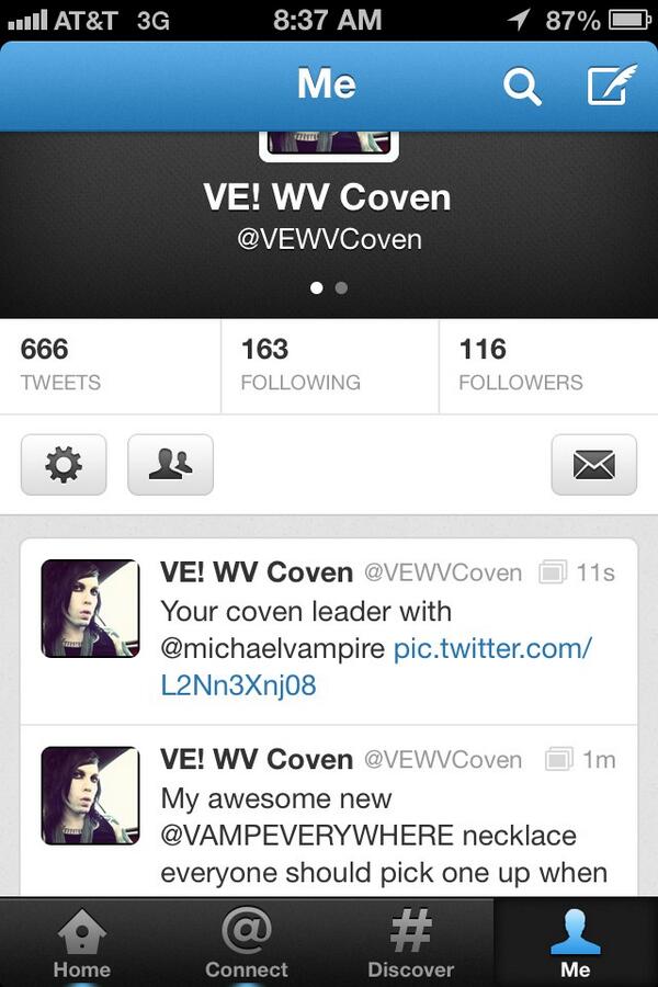VEWVCoven's tweet photo. Haha my 666 tweet was of a photo of me and Michael vampire lol http://t.co/DsP8RNOmog