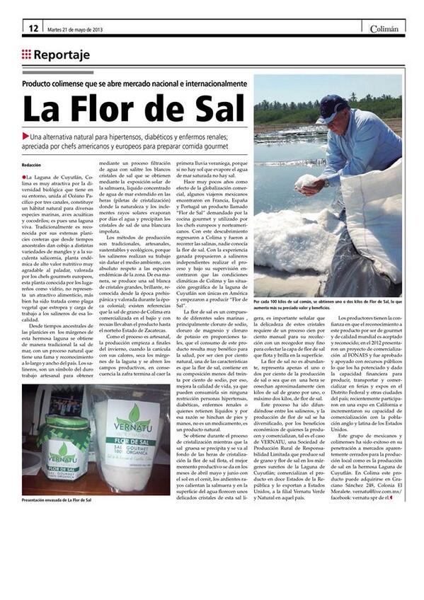 Vernatu1's tweet photo. Reportaje de la Flor de Sal en la edición del 21 de Mayo del 2013. Diario COLIMÁN. http://t.co/mYG7nglAAe