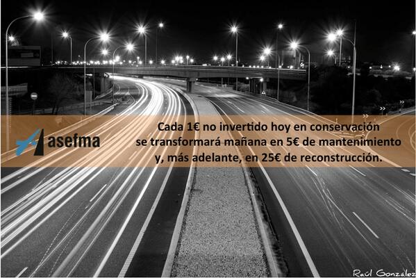 asefma_es's tweet photo. ¡Cada 1€ que hoy no invertimos en conservación de firmes, mañana serán 5€ de rehabilitación! http://t.co/ewHgCKwFju http://t.co/wXRlLxRjL1