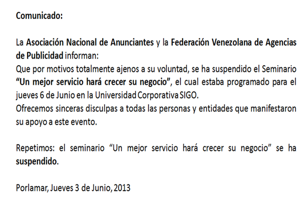 SeminariosANDA's tweet photo. El seminario #UnMejorServicio ... hará crecer su negocio” se ha SUSPENDIDO. Lea el COMUNICADO aquí ----> http://t.co/VcDq90PPsf