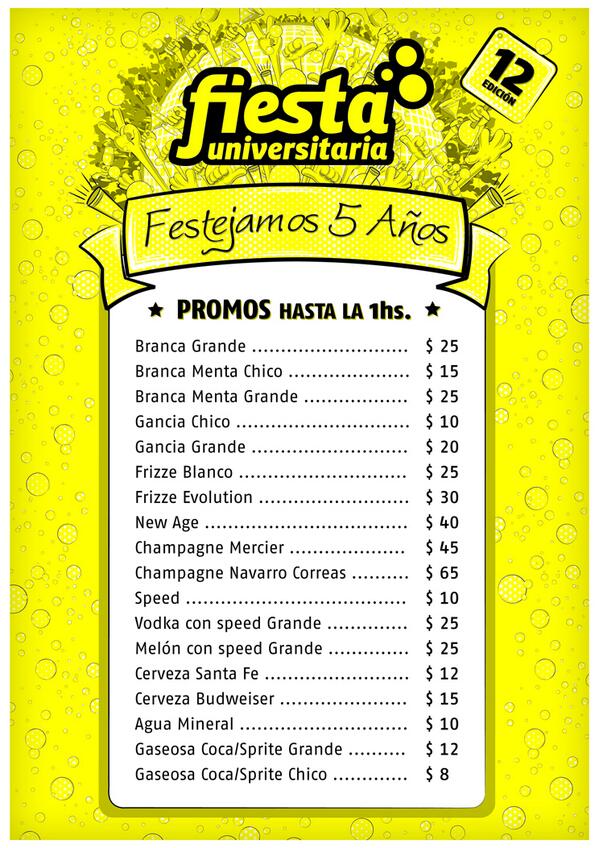 FiestaFU's tweet photo. Este viernes tenes una excusa para empezar temprano con nosotros! mira los precios de la #PREVIA! http://t.co/xpW7fOmFBg
