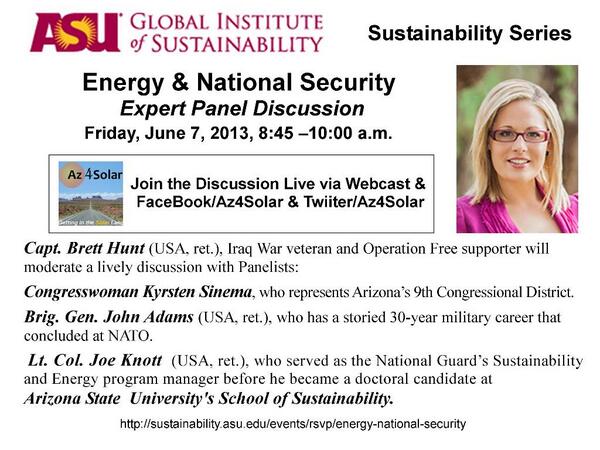Az4Solar's tweet photo. @ASUGreen Energy &amp; National Security Expert Panel ... Arizona's   @KyrstenSinema #Solar ROCKS! http://t.co/HMVb4fc8ZZ http://t.co/NulSFoDupq