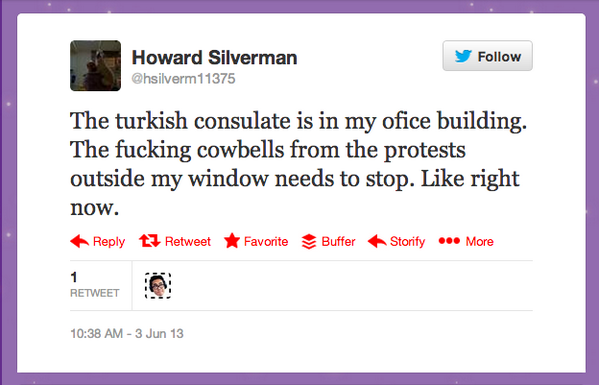 luckytran's tweet photo. Ha! @OccupyGeziNY @OccupyWallSt annoying Turkish Consulate workers with noise. Keep it up! #occupygezi #occupygezinyc http://t.co/Rk4Ckp553N