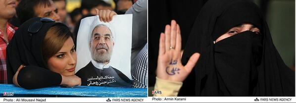 AbasAslani's tweet photo. #IranElection 2 different pics of 2 candidates' supporters in Iran elexn, one supporting Rouhani &amp; other Jalili. http://t.co/5ERq501085