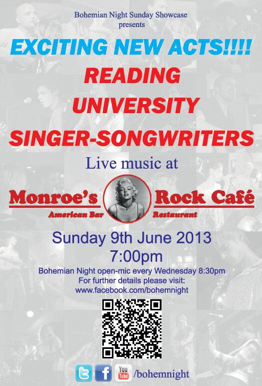 Next Sunday's special <a href="/RUSSongwriters/">RUSingerSongwriters</a> showcase at <a href="/Monroes_Reading/">Monroe's Rib House</a> starts at 7pm #rdg #rdguk #rdgbands #oxford