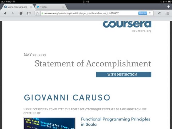VanniCaruso's tweet image. Thanks prof. @odersky and all the team for this amazing course @coursera #progfun #scala this is my certificate!