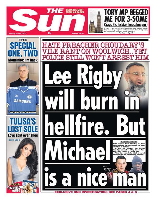 We believe that this is The Sun newspaper's Tuesday splash. Re: Woolwich suspect and Anjem Choudary. #UK