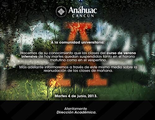 Confirma la universidad <a href="/AnahuacCancun/">Anáhuac Cancún</a> suspensión de clases y actividades administrativas de este día.