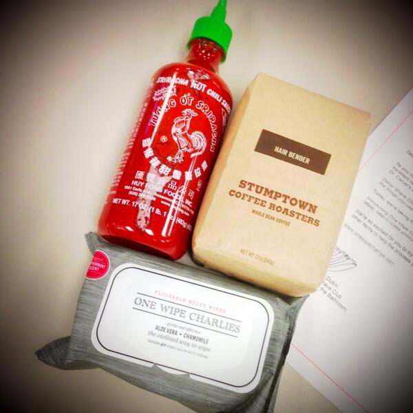 shewchuk's tweet image. .@DollarShaveClub wants me to try their new #OneWipeCharlies so they sent coffee &amp;amp; Sriracha to help. Love it!