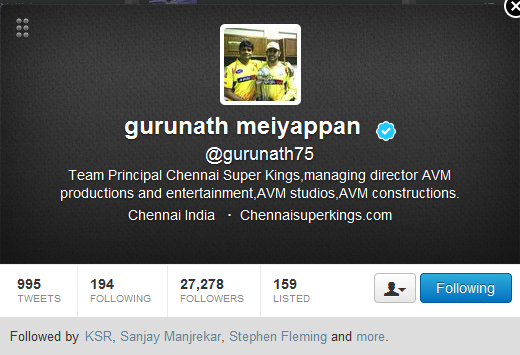 cricinfo's tweet photo. Gurunath Meiyappan has a verified twitter account. The bio reads 'Team Principal Chennai Super Kings' http://t.co/mGoVNz12E9
