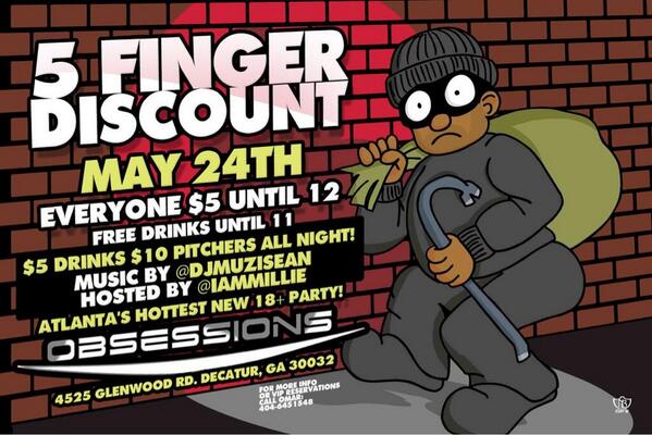 GAFollowers's tweet photo. Tonight we're offering the #5FingerDiscount to all party goers! Come to #ObsessionsATL to start Memorial Day weekend. http://t.co/rx2EaLb0ib