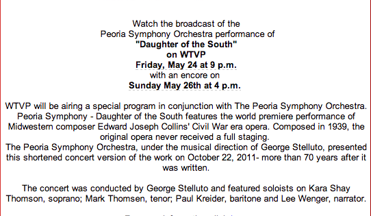 peoriasymphony's tweet photo. TONIGHT, the PSO plays DAUGHTER OF THE SOUTH on WTVP! Grab some popcorn and settle in for a night of beautiful music! http://t.co/0o5xDxRH4j