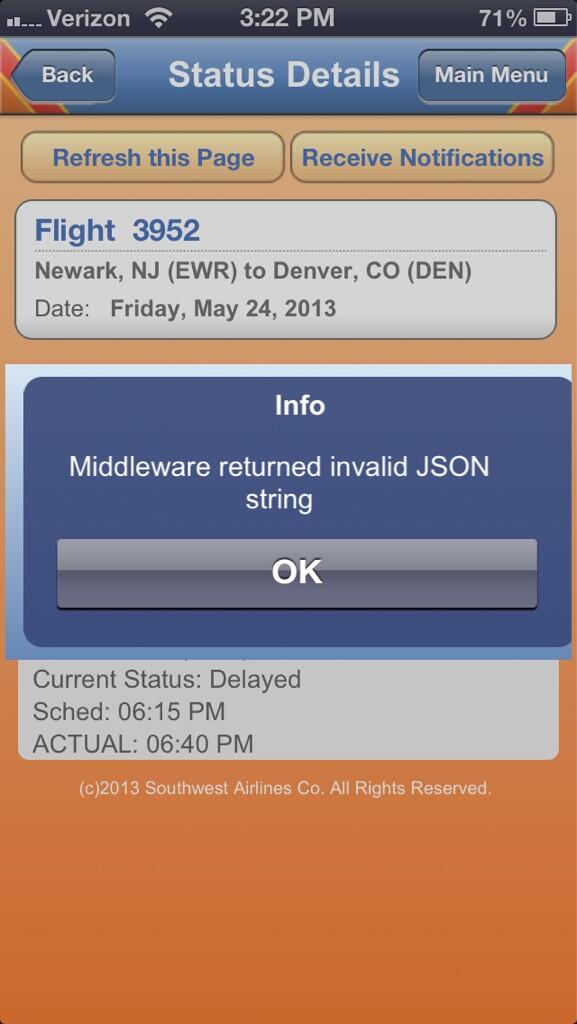 aliciadrown's tweet image. Thank you, @SouthwestAir, for the clear alert messaging when trying to refresh my flight page. #JSONstring