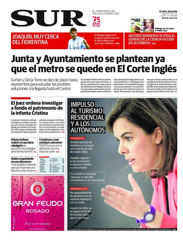 DiarioSUR's tweet photo. Buenos días, esta es nuestra #PortadaSUR de hoy sábado, #Malaga http://t.co/V2JZpXIwF5