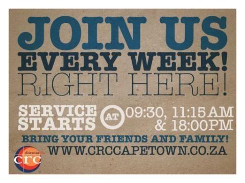 You're INVITED!! crccapetown.co.za Look forward to seeing you tomorrow!! #LoveMyChurch