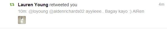 AteDaaar's tweet photo. Lauren Young retweeted my tweet na bagay sila ni ALden. #AlRen #ConfirmedSilaNa http://t.co/56bn8KmYUA