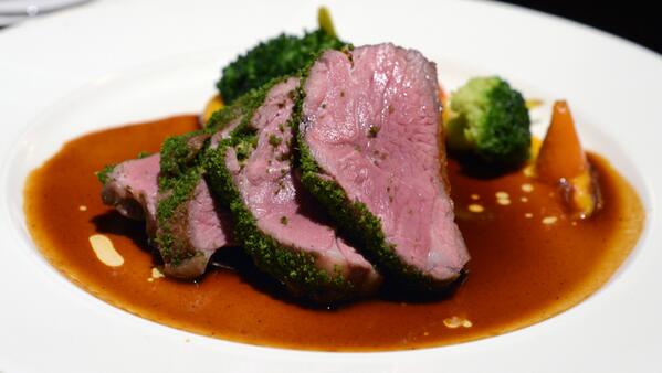 hungrypeasant's tweet photo. @PierreKoffmann Herb-crusted rump of lamb. Beautifully tender and full of flavour. http://t.co/XD0gne0QtK