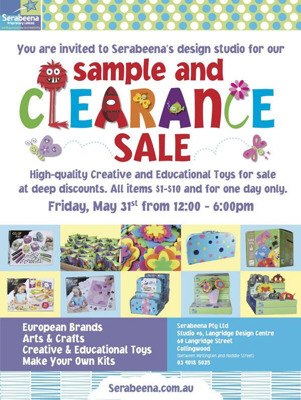 Sample Clearance Sale this Friday at Serabeena's Collingwood studio! See flyer for details.