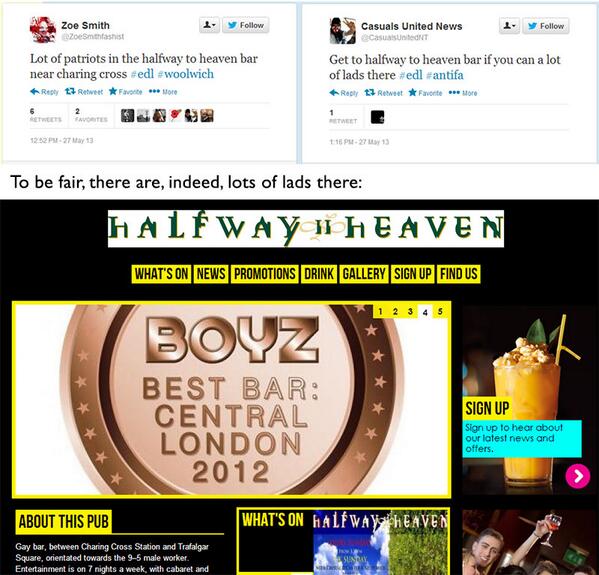 Adam Collins (@astc108) on Twitter photo Priceless... Morons. "<a href="/flashboy/">Tom Phillips</a>: That awkward moment when you realise your EDL rally is meeting up in a gay bar: " Priceless... Morons. "<a href="/flashboy/">Tom Phillips</a>: That awkward moment when you realise your EDL rally is meeting up in a gay bar: "